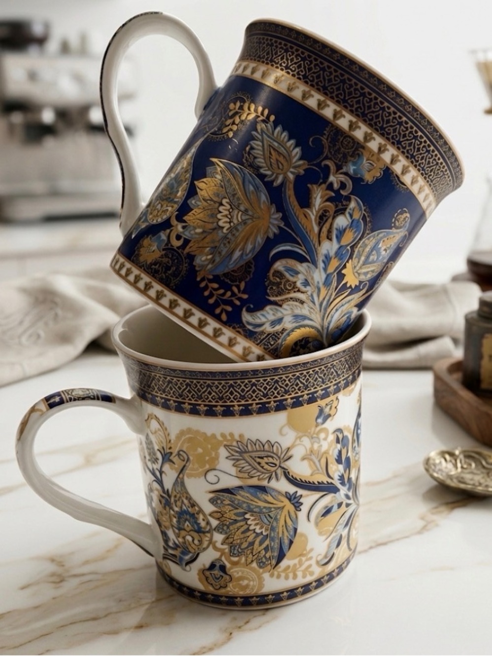 Elegant Blue and White Paisley Porcelain Mugs - Set of 2
